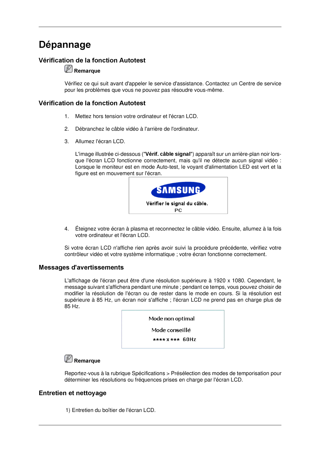 Samsung 650TS quick start Vérification de la fonction Autotest, Messages davertissements, Entretien et nettoyage 