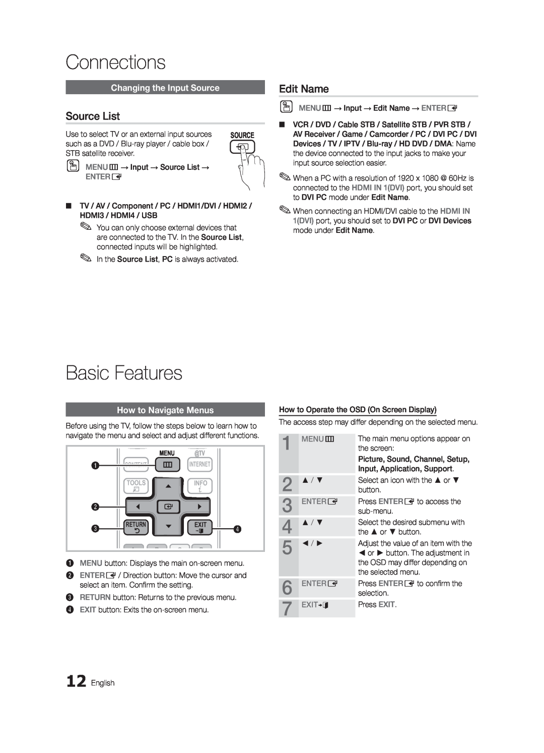 Samsung 6800 Basic Features, Source List, Edit Name, Changing the Input Source, How to Navigate Menus, Entere, MENUm 