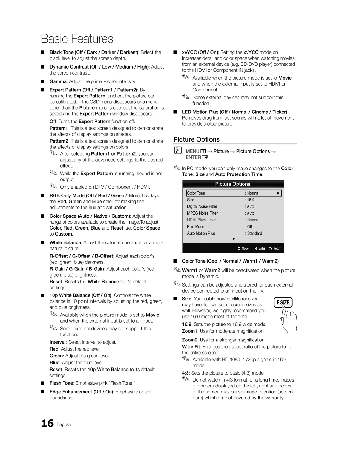 Samsung 6800 user manual Picture Options, Basic Features, Entere 