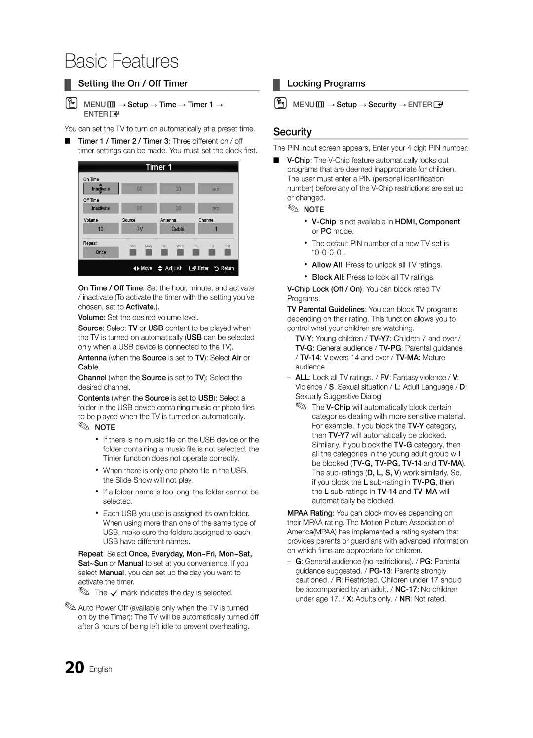 Samsung 6800 user manual Security, Setting the On / Off Timer, Locking Programs, Basic Features, Entere 