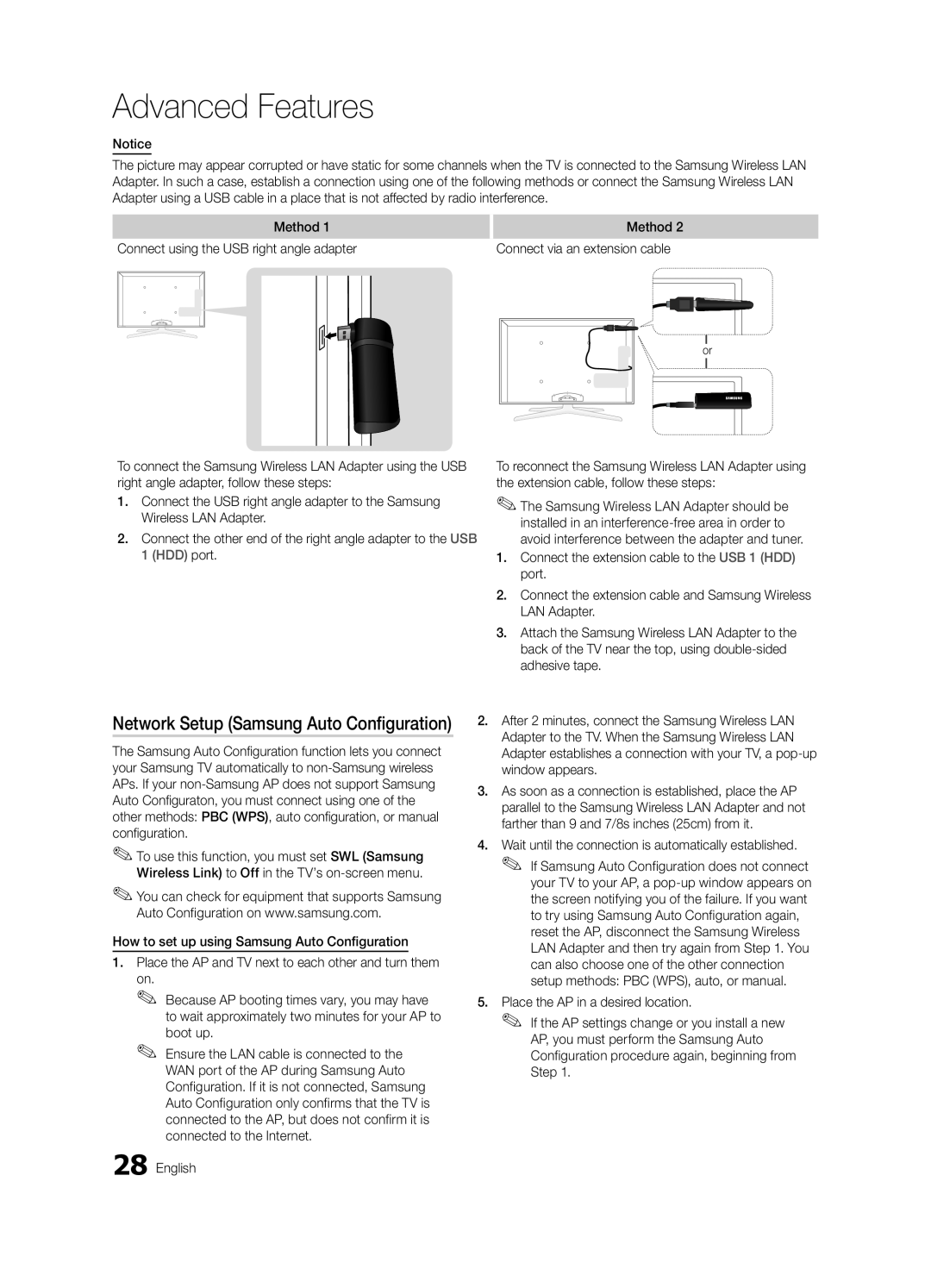 Samsung 6800 user manual Network Setup Samsung Auto Configuration, Advanced Features 