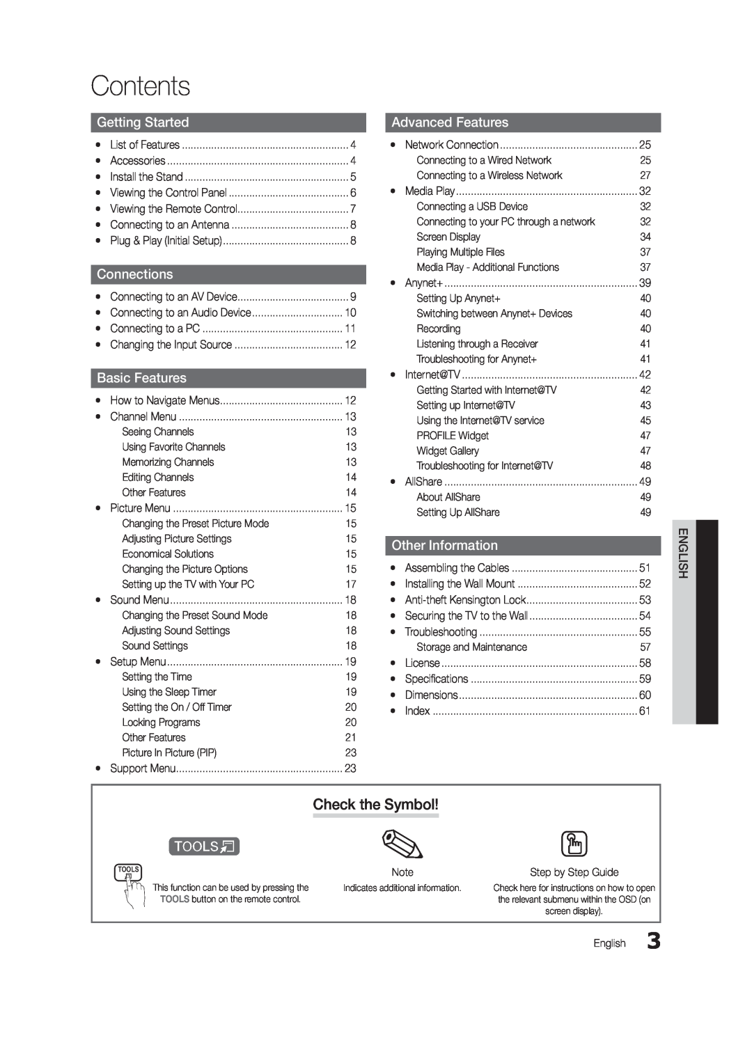 Samsung 6800 user manual Contents, Check the Symbol, Getting Started, Connections, Advanced Features, Basic Features 