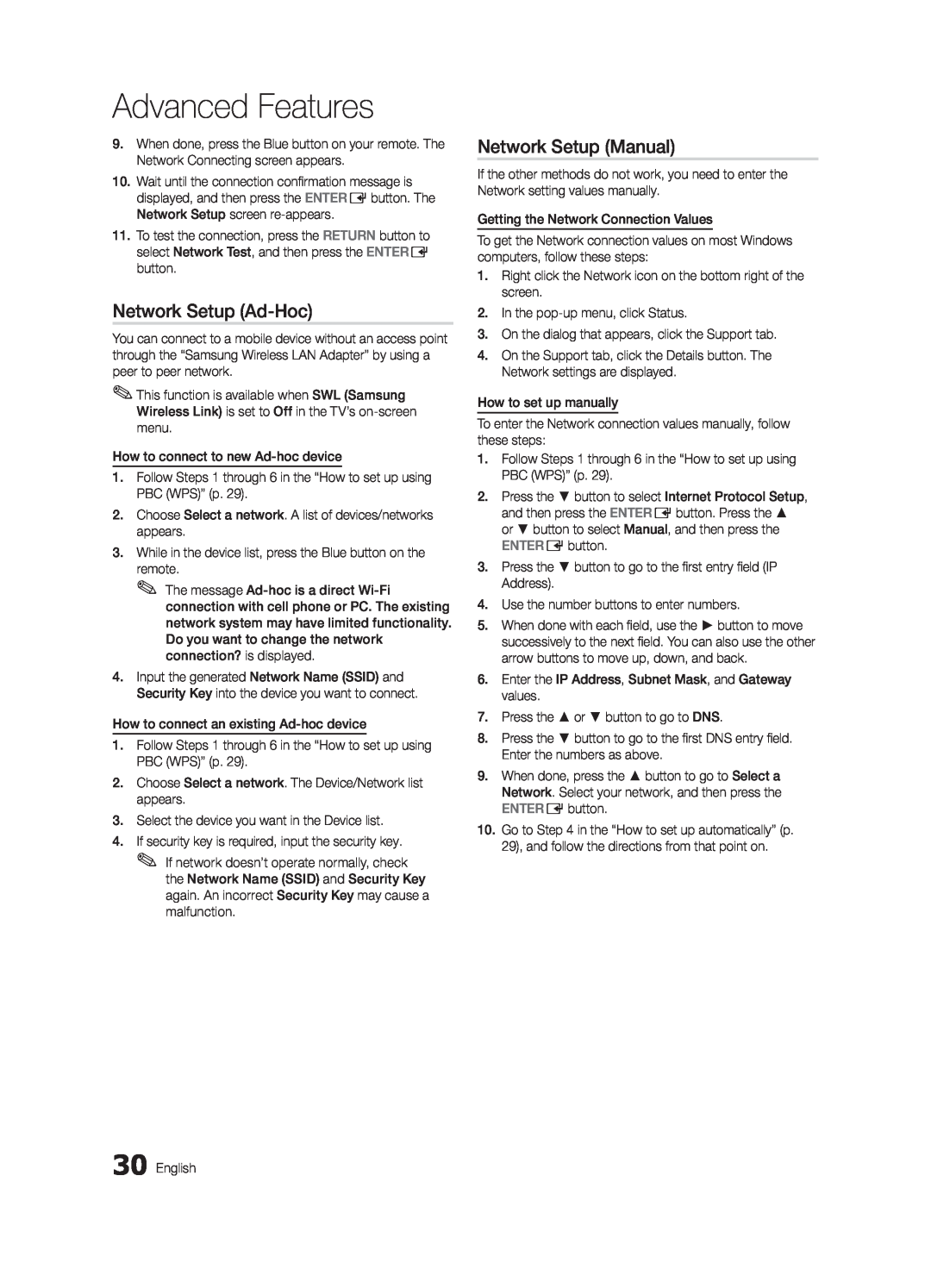 Samsung 6800 user manual Network Setup Ad-Hoc, Advanced Features, Network Setup Manual 