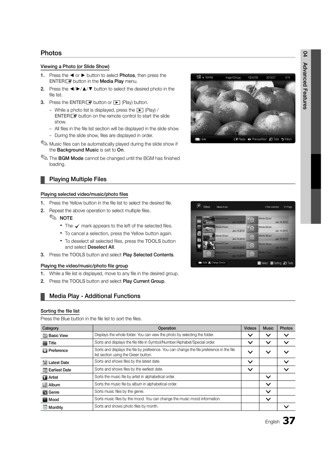 Samsung 6800 user manual Photos, Playing Multiple Files, Media Play - Additional Functions 