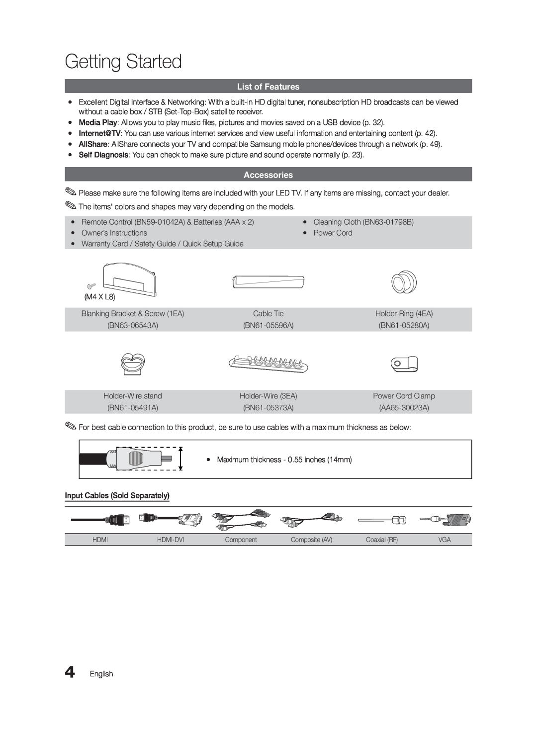 Samsung 6800 user manual Getting Started, List of Features, Accessories 