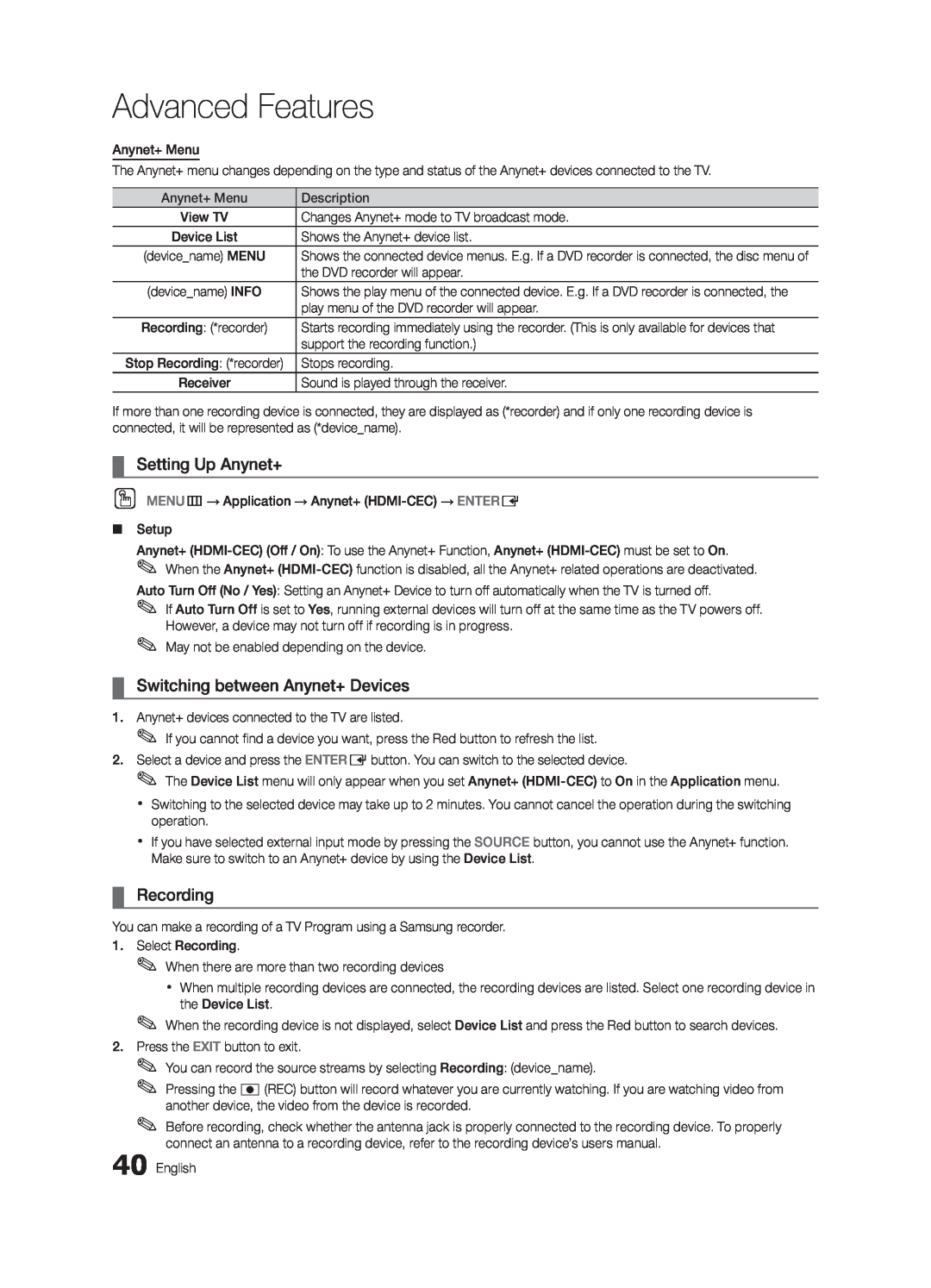 Samsung 6800 Setting Up Anynet+, Switching between Anynet+ Devices, Recording, Advanced Features, Device List, Receiver 