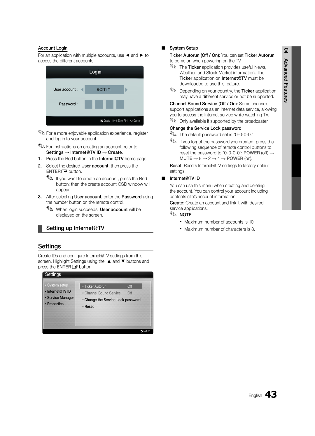 Samsung 6800 user manual Setting up Internet@TV, Login, Settings, admin 