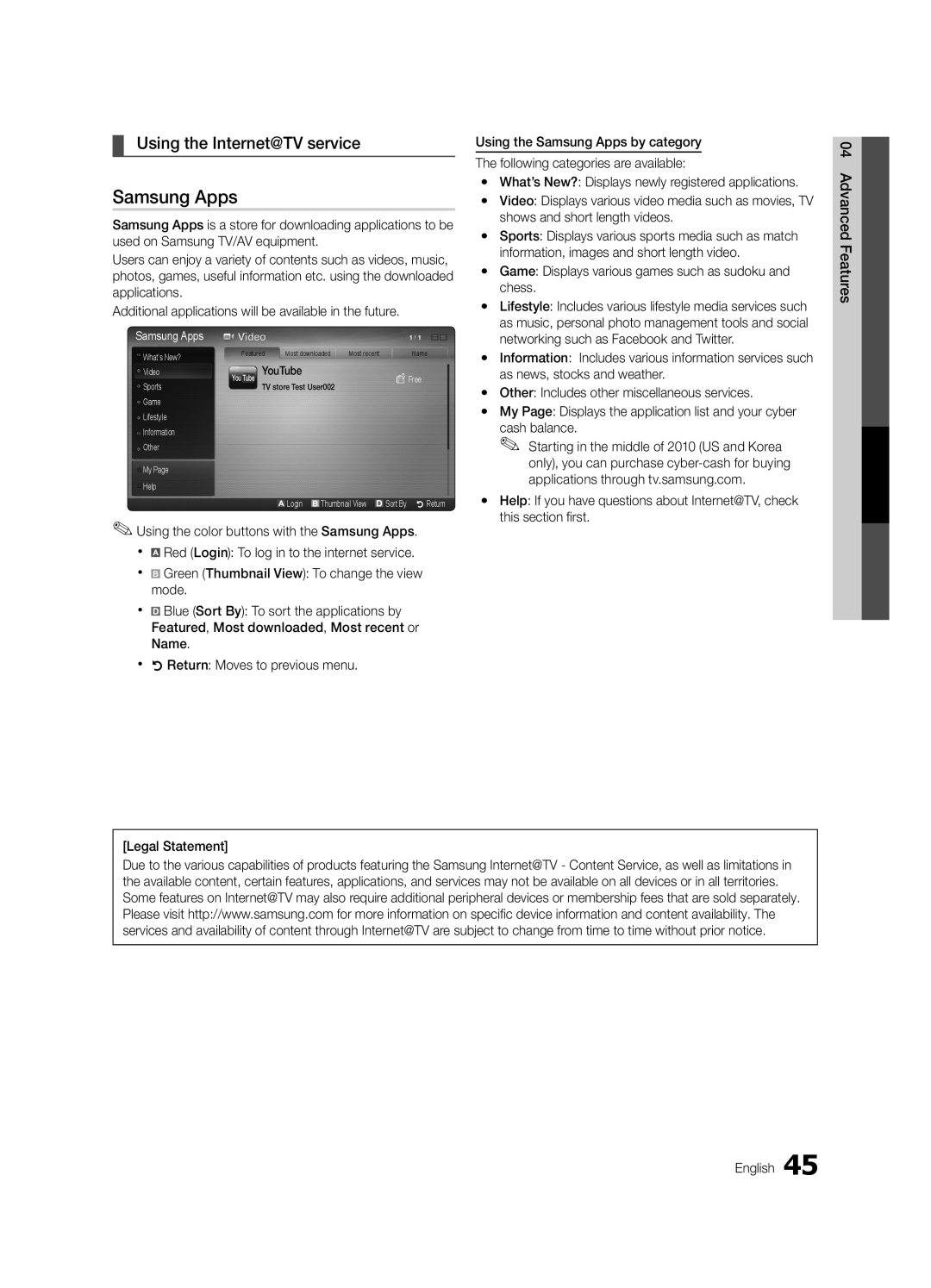 Samsung 6800 user manual Samsung Apps, Using the Internet@TV service 