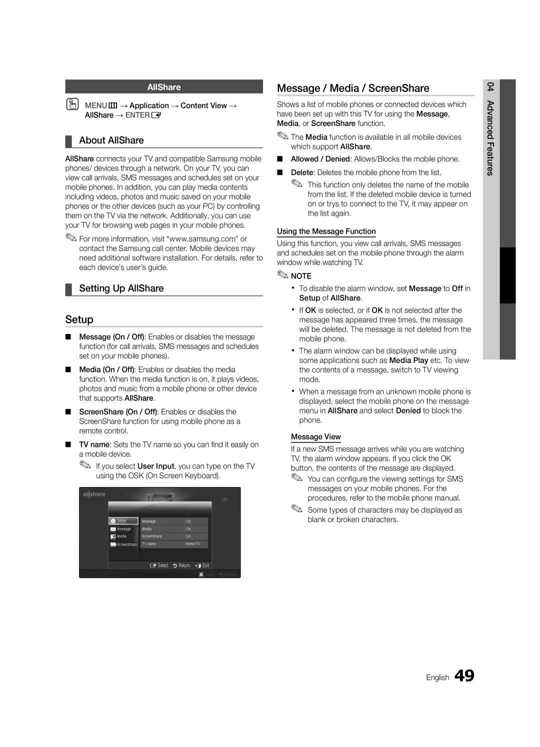 Samsung 6800 user manual Setup, Message / Media / ScreenShare, About AllShare, Setting Up AllShare 