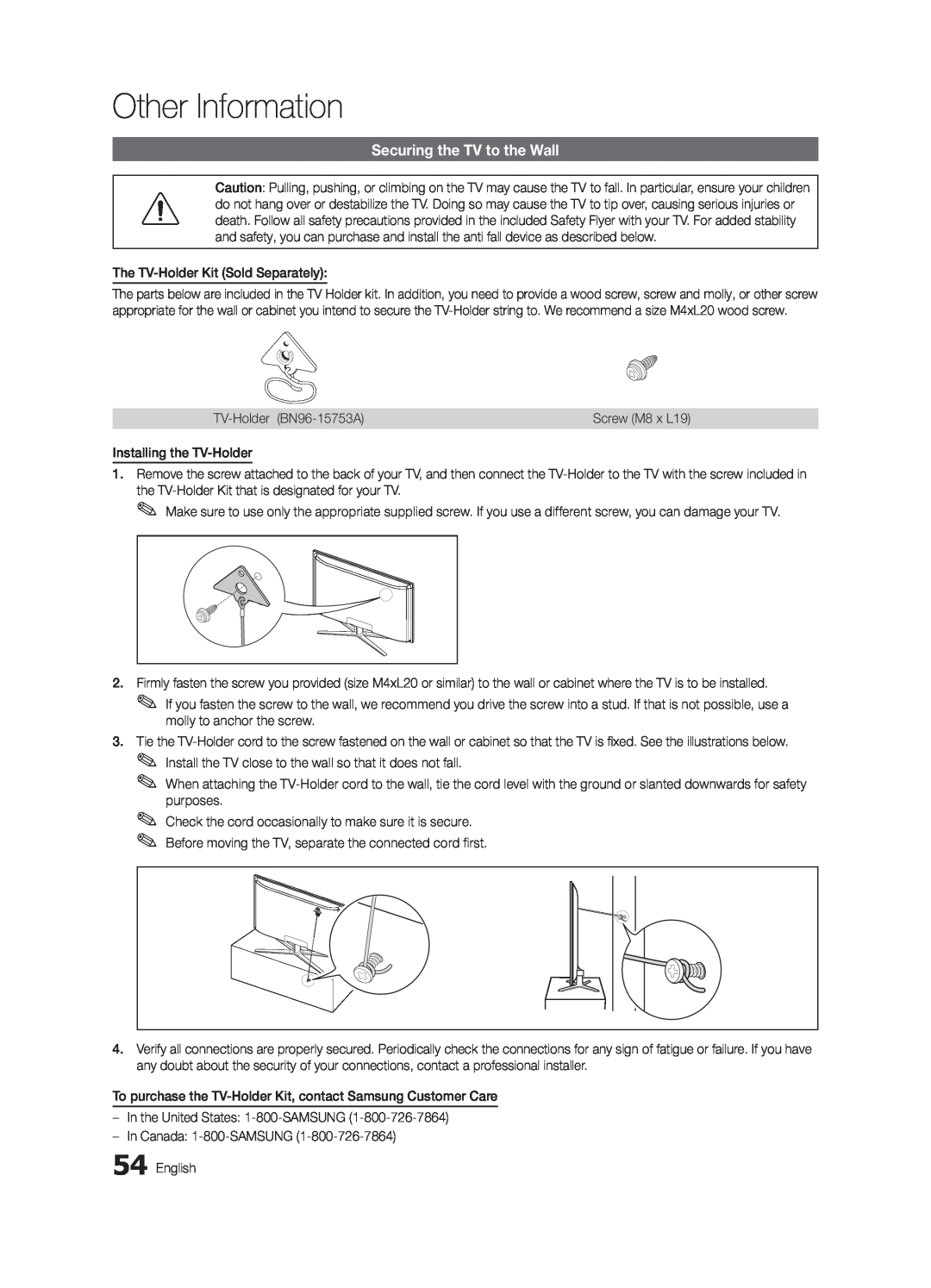 Samsung 6800 user manual Securing the TV to the Wall, Other Information 