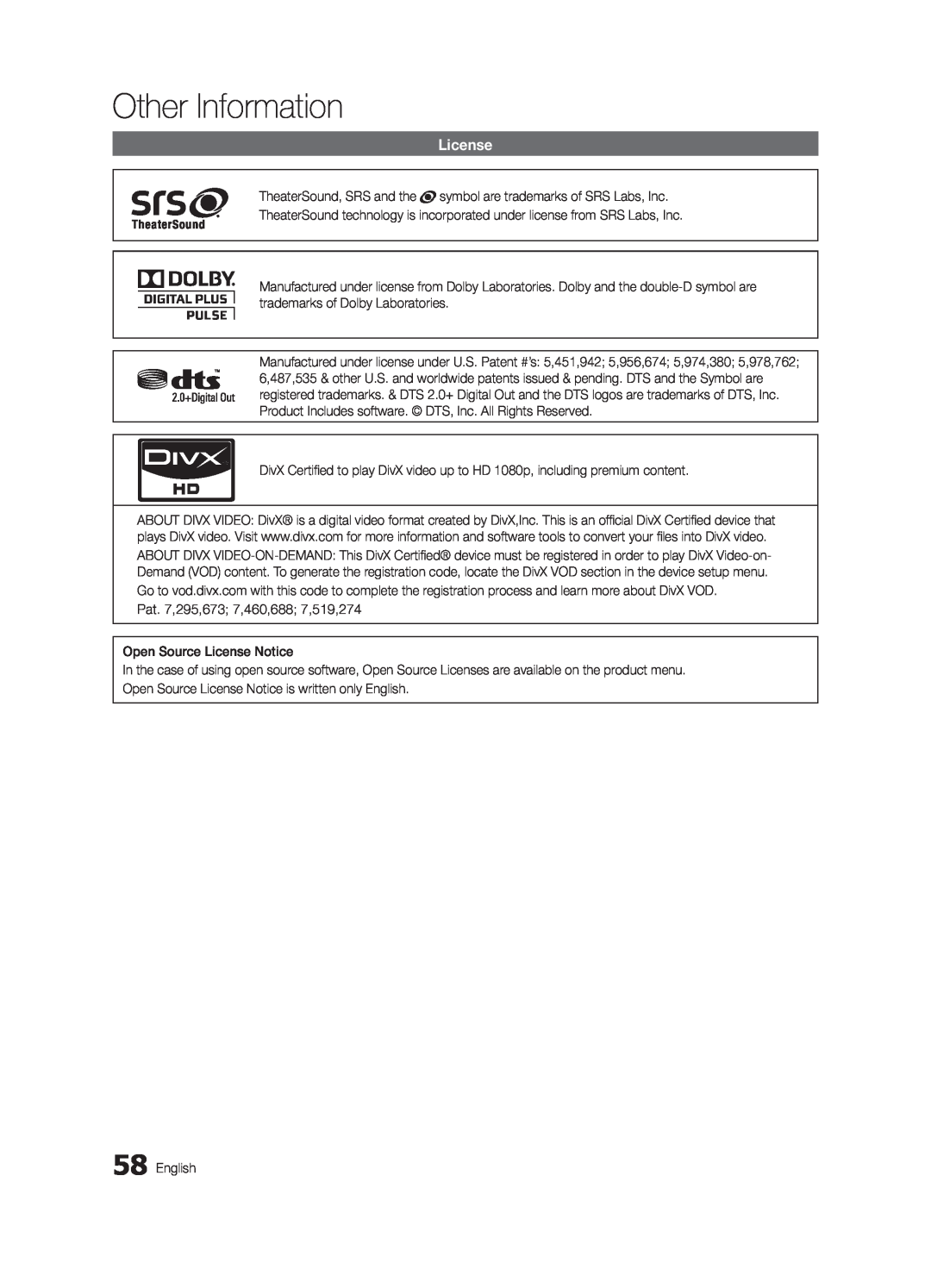 Samsung 6800 user manual License, Other Information 