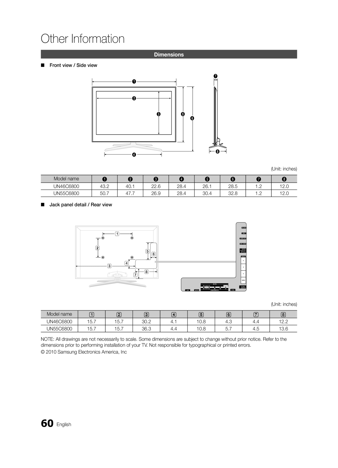 Samsung 6800 user manual Dimensions, Other Information 