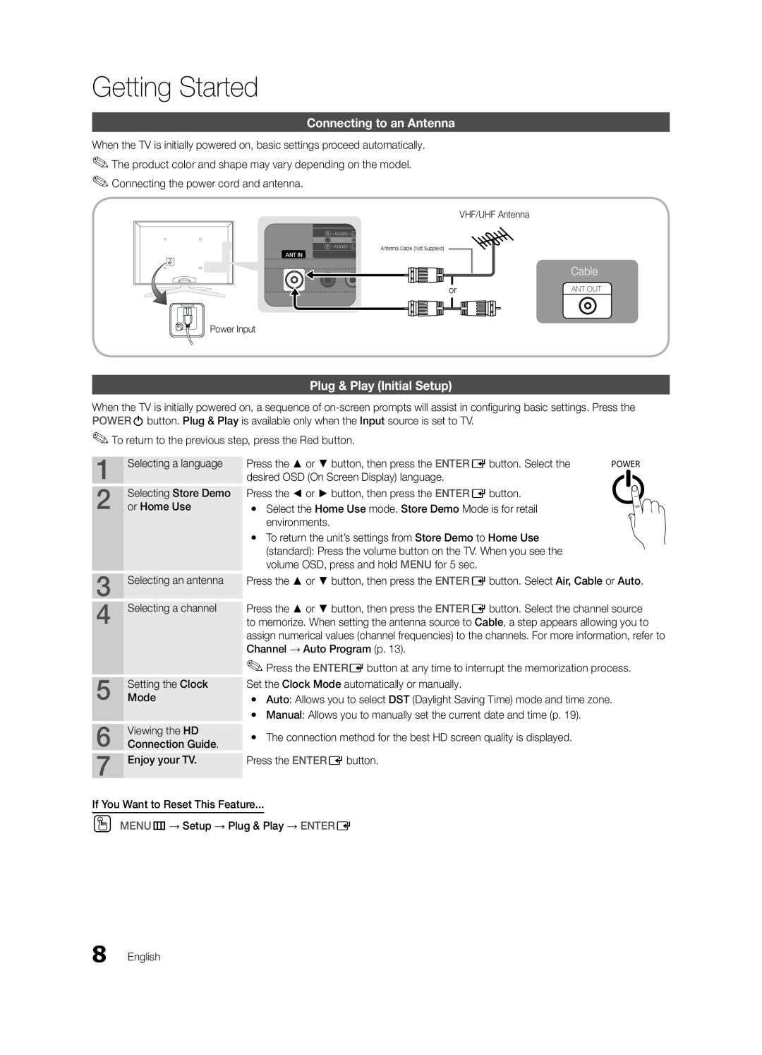 Samsung 6800 Connecting to an Antenna, Plug & Play Initial Setup, Cable, or Home Use, Selecting a channel, Viewing the HD 