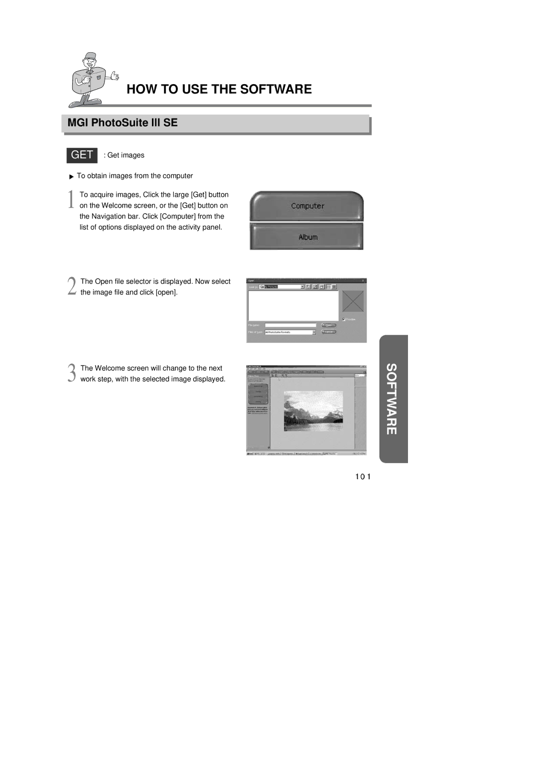 Samsung 6806-1247 manual MGI PhotoSuite lll SE, GET Get images To obtain images from the computer 