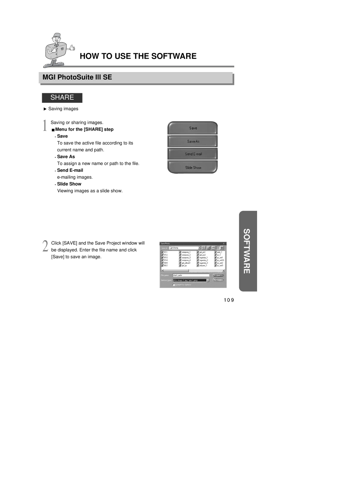 Samsung 6806-1247 manual Saving images Saving or sharing images, To assign a new name or path to the file, Mailing images 