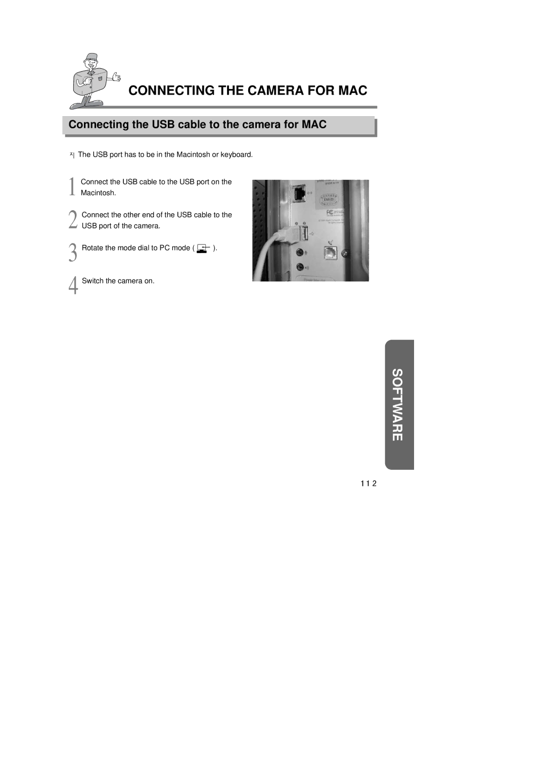 Samsung 6806-1247 manual Connecting the Camera for MAC, Connecting the USB cable to the camera for MAC 