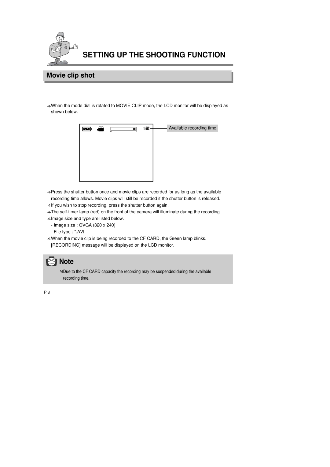 Samsung 6806-1247 manual Setting UP the Shooting Function, Movie clip shot 