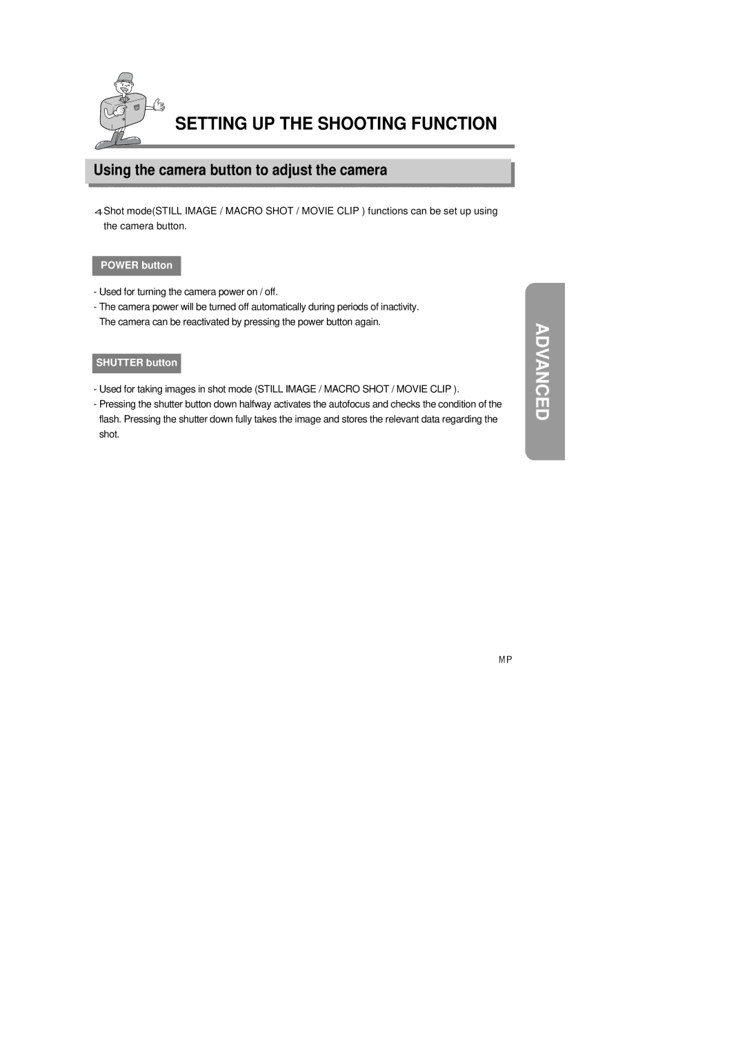 Samsung 6806-1247 Using the camera button to adjust the camera, Power button, Used for turning the camera power on / off 