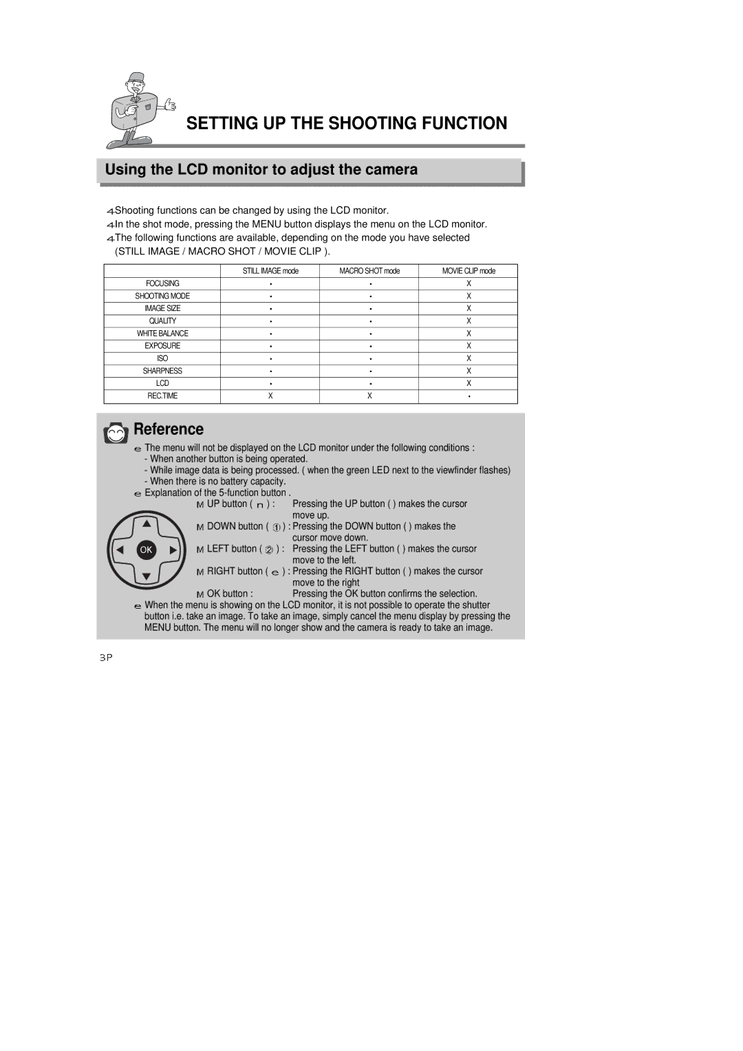 Samsung 6806-1247 manual Using the LCD monitor to adjust the camera, Still Image / Macro Shot / Movie Clip 