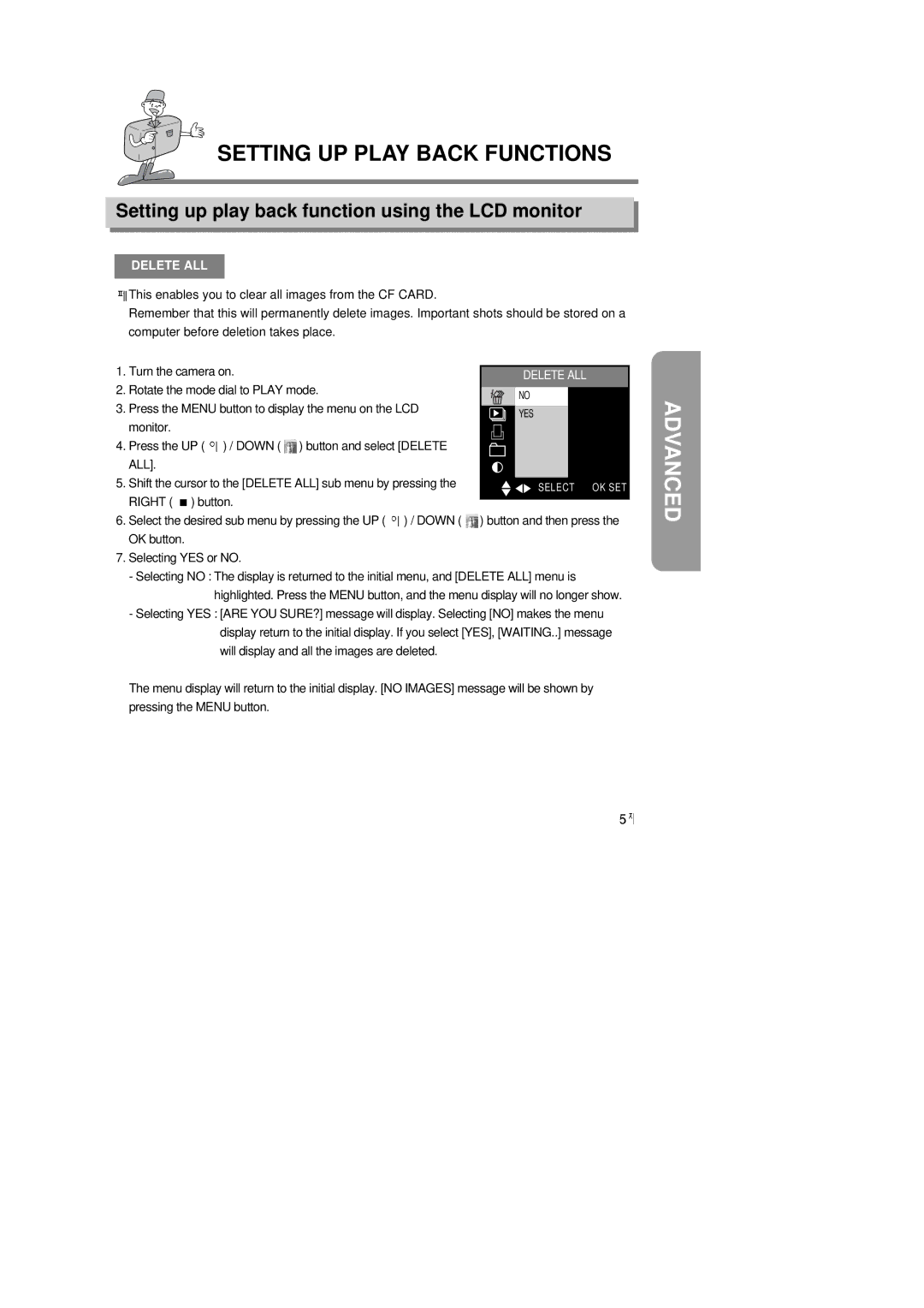 Samsung 6806-1247 manual Setting up play back function using the LCD monitor, Delete ALL, All 