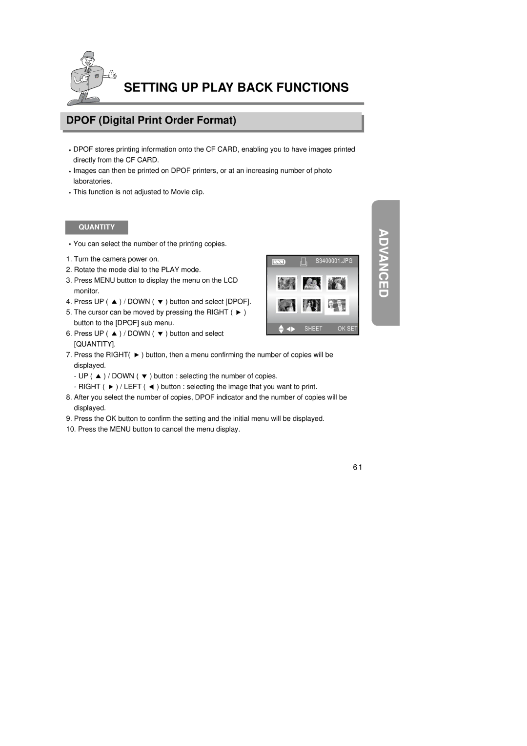 Samsung 6806-1247 manual Dpof Digital Print Order Format, Quantity, You can select the number of the printing copies 