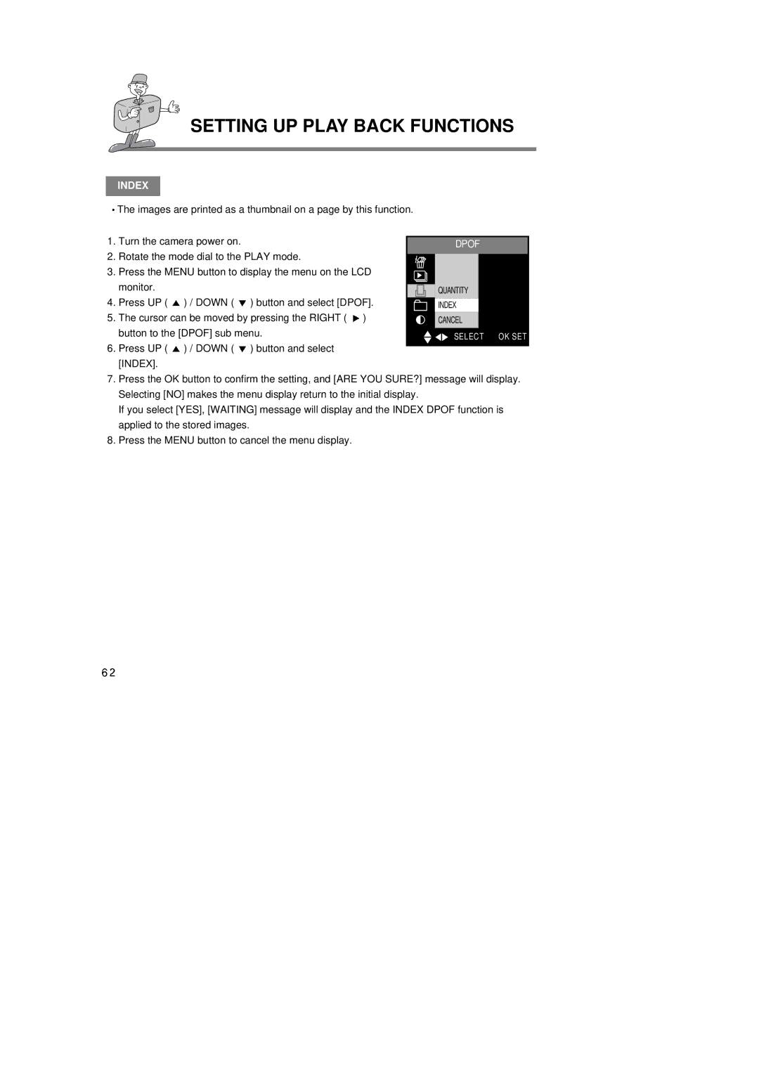 Samsung 6806-1247 manual Index, Press UP / Down button and select Dpof 