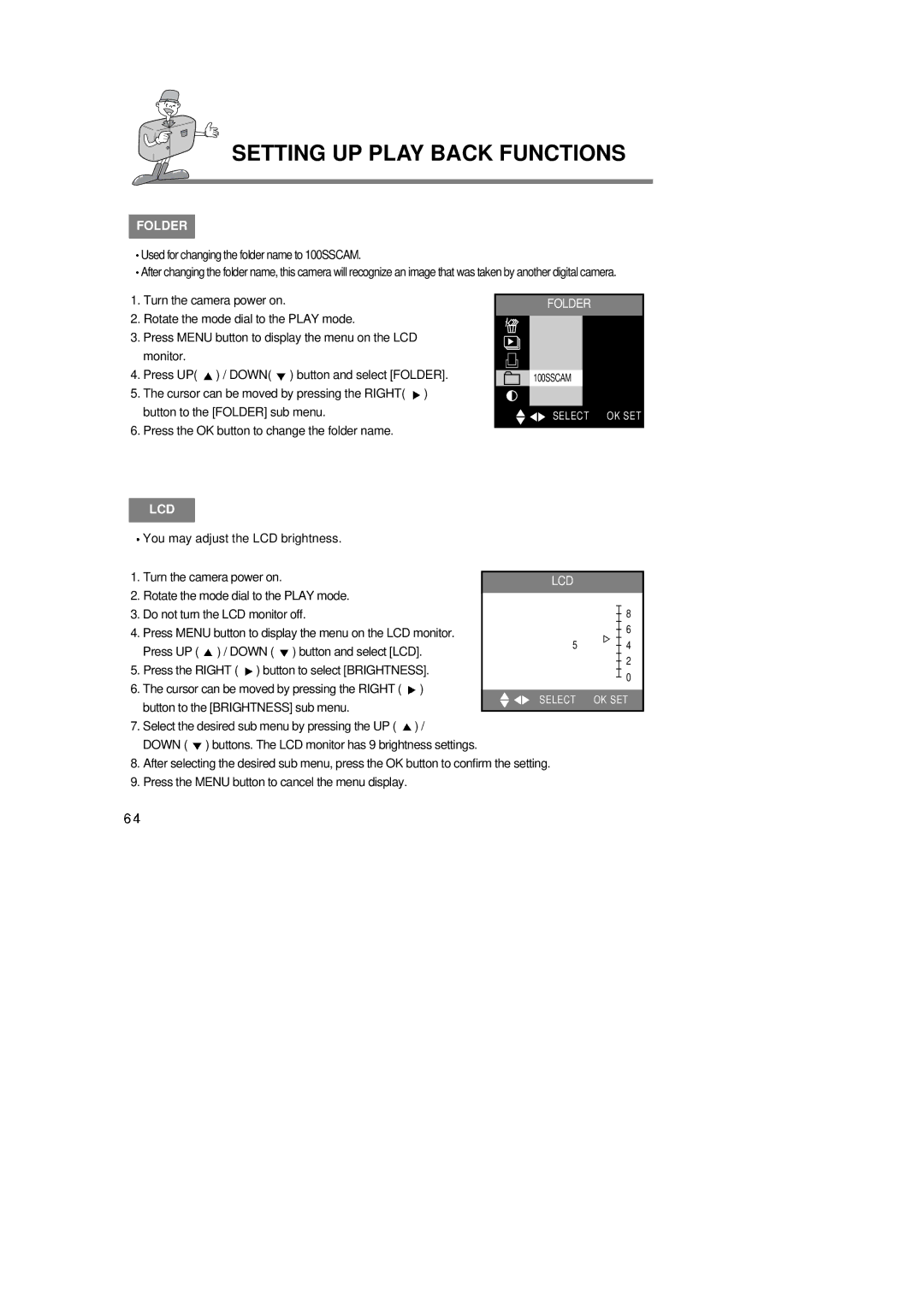 Samsung 6806-1247 manual Folder, Used for changing the folder name to 100SSCAM, Button to the Brightness sub menu 