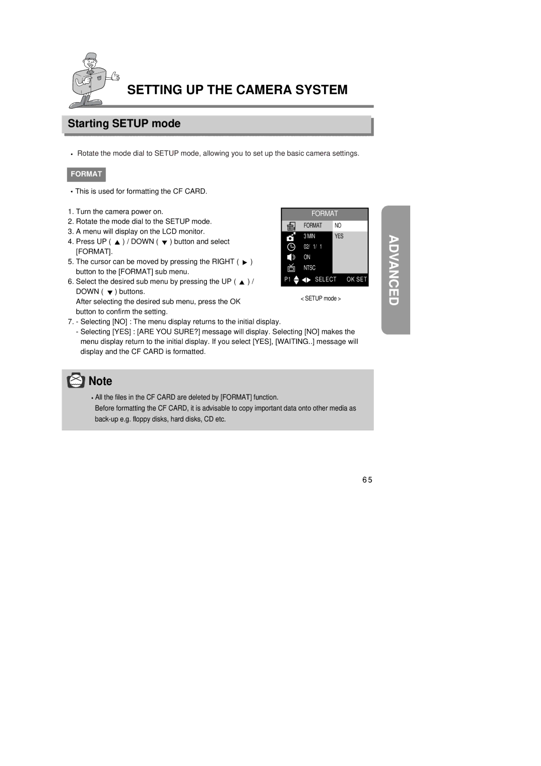 Samsung 6806-1247 manual Setting UP the Camera System, Starting Setup mode, Format, Down 