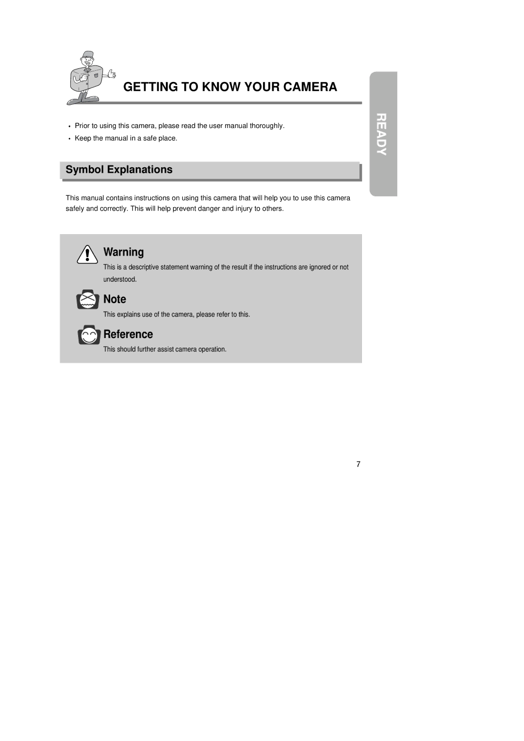 Samsung 6806-1247 manual Getting to Know Your Camera, Symbol Explanations, This should further assist camera operation 