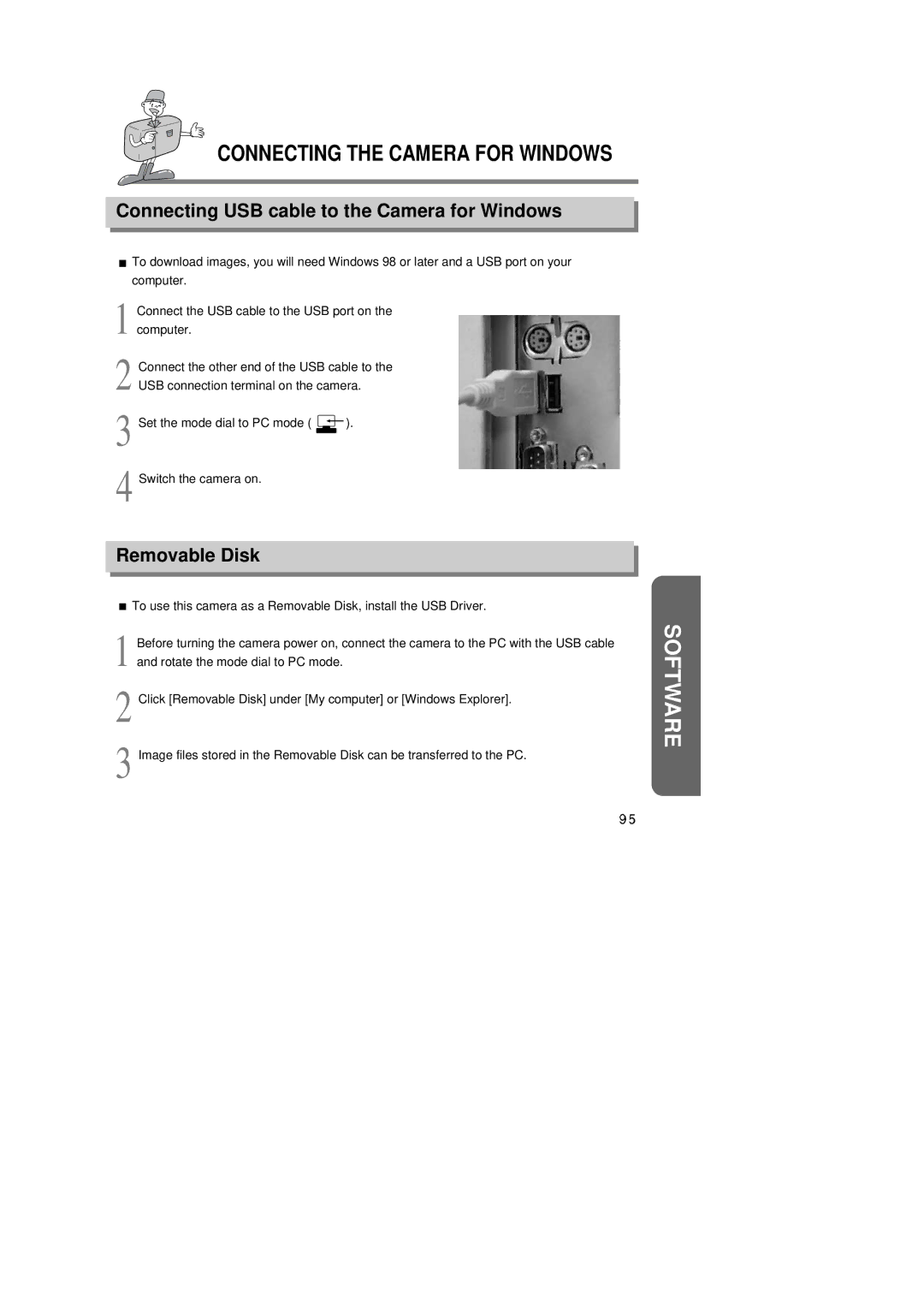 Samsung 6806-1247 manual Connecting USB cable to the Camera for Windows, Removable Disk 