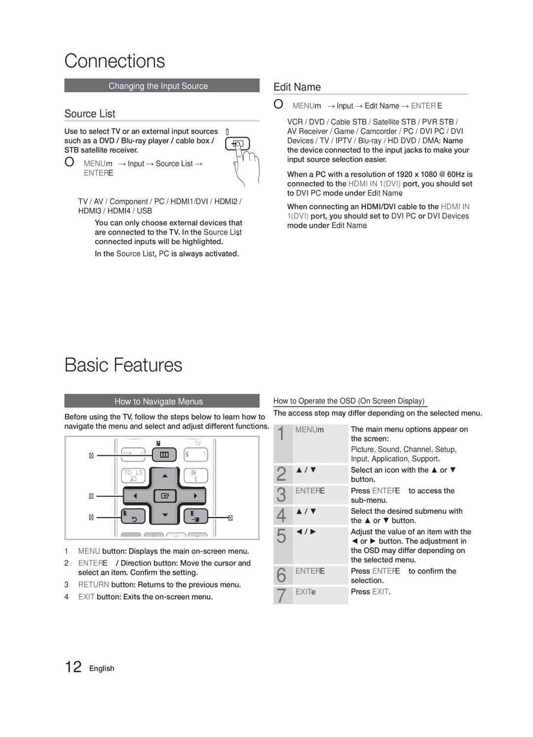 Samsung 6900 user manual Source List, Edit Name, Changing the Input Source, How to Navigate Menus 