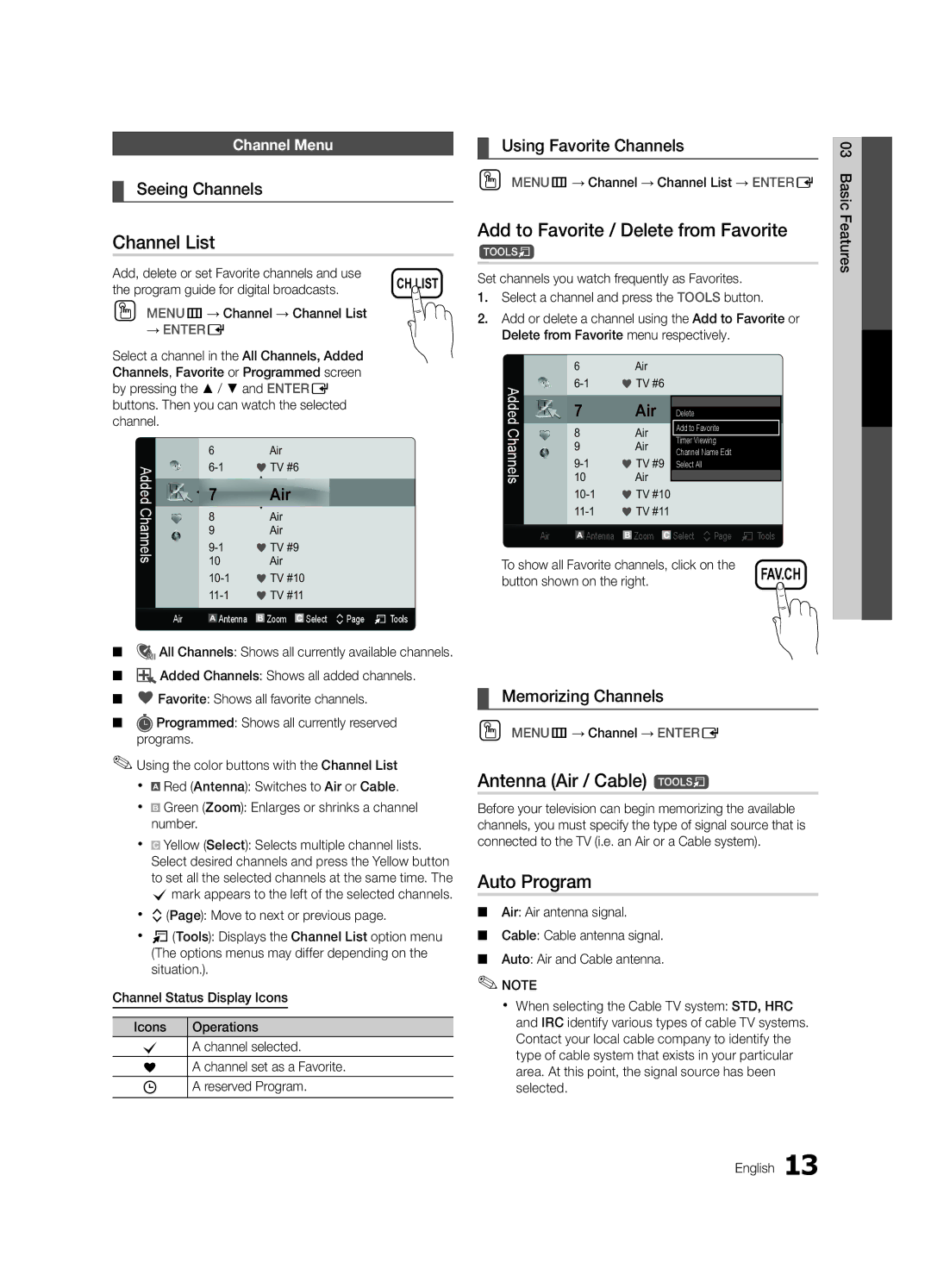 Samsung 6900 user manual Channel List, Add to Favorite / Delete from Favorite, Antenna Air / Cable t, Auto Program 