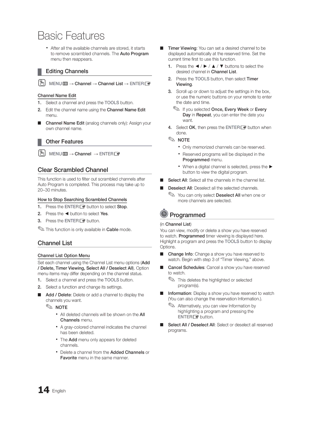 Samsung 6900 user manual Clear Scrambled Channel, Programmed, Editing Channels, Other Features, Channel List Option Menu 