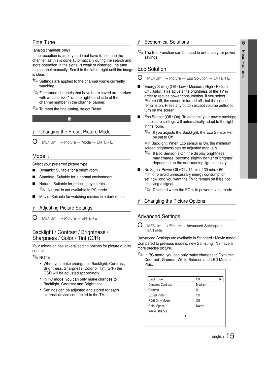 Samsung 6900 user manual Fine Tune, Mode t, Eco Solution, Advanced Settings 