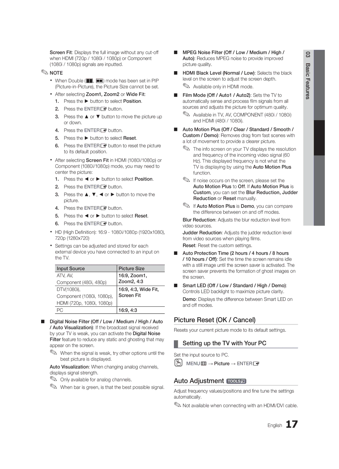 Samsung 6900 user manual Picture Reset OK / Cancel, Auto Adjustment t, Setting up the TV with Your PC 