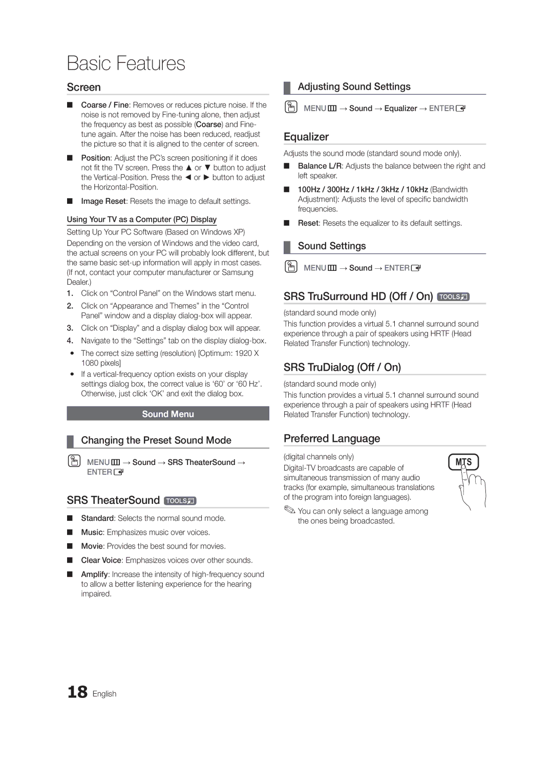 Samsung 6900 user manual Screen, Equalizer, SRS TruSurround HD Off / On t, SRS TruDialog Off / On, SRS TheaterSound t 