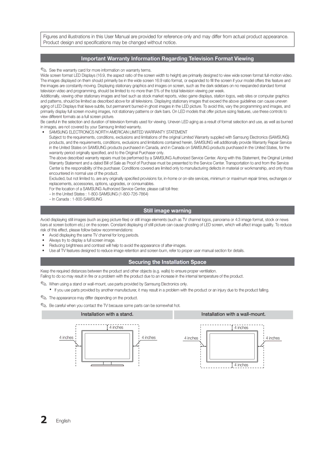 Samsung 6900 user manual Still image warning, Securing the Installation Space, Installation with a stand, English 