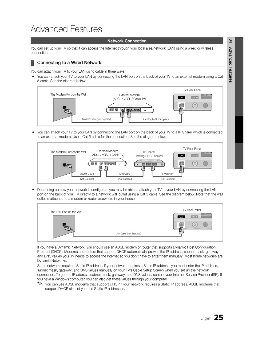 Samsung 6900 user manual Connecting to a Wired Network, Network Connection, Modem Port on the Wall, LAN Port on the Wall 