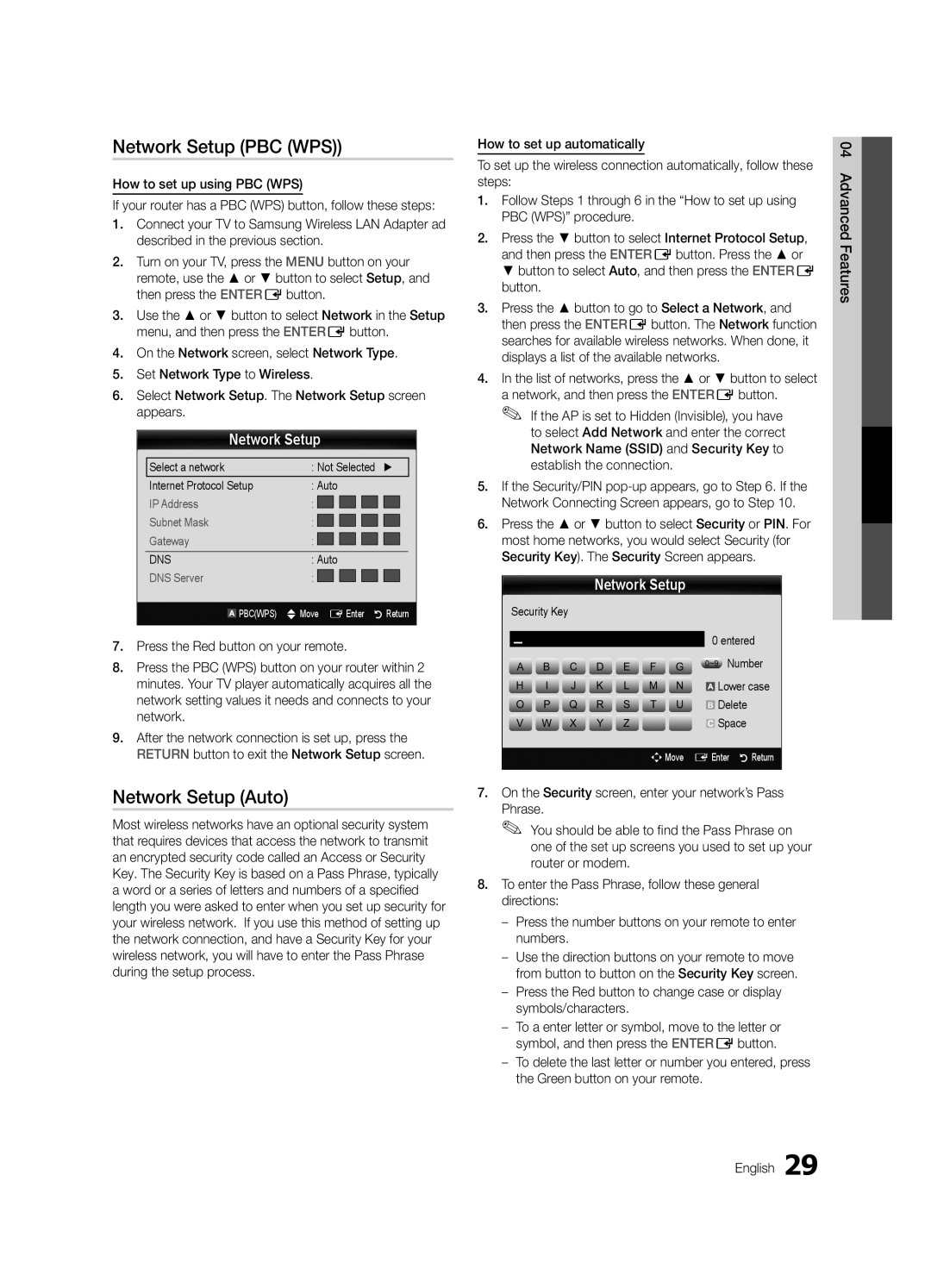 Samsung 6900 user manual Network Setup PBC WPS, How to set up automatically, Then press the ENTEREbutton. Press the or 