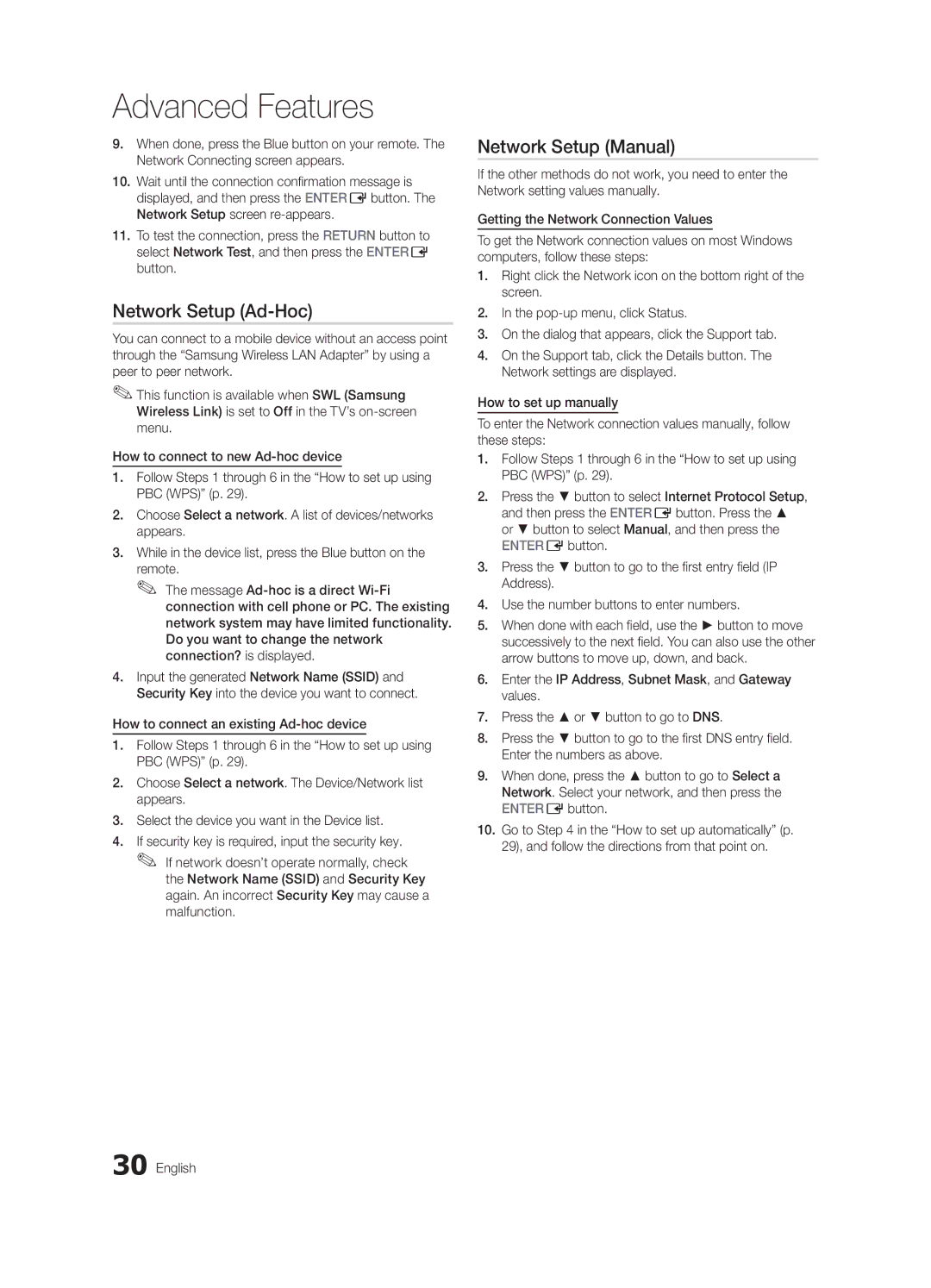 Samsung 6900 user manual Network Setup Ad-Hoc, Network Setup Manual 