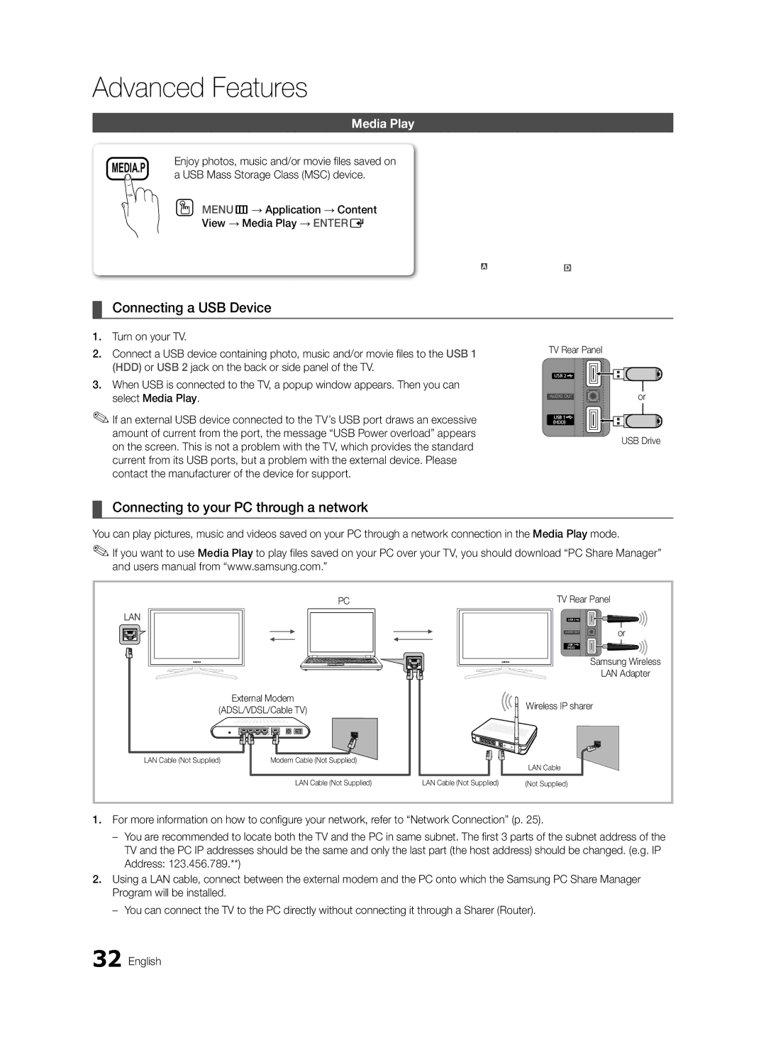 Samsung 6900 user manual Connecting a USB Device, Connecting to your PC through a network, Media Play 