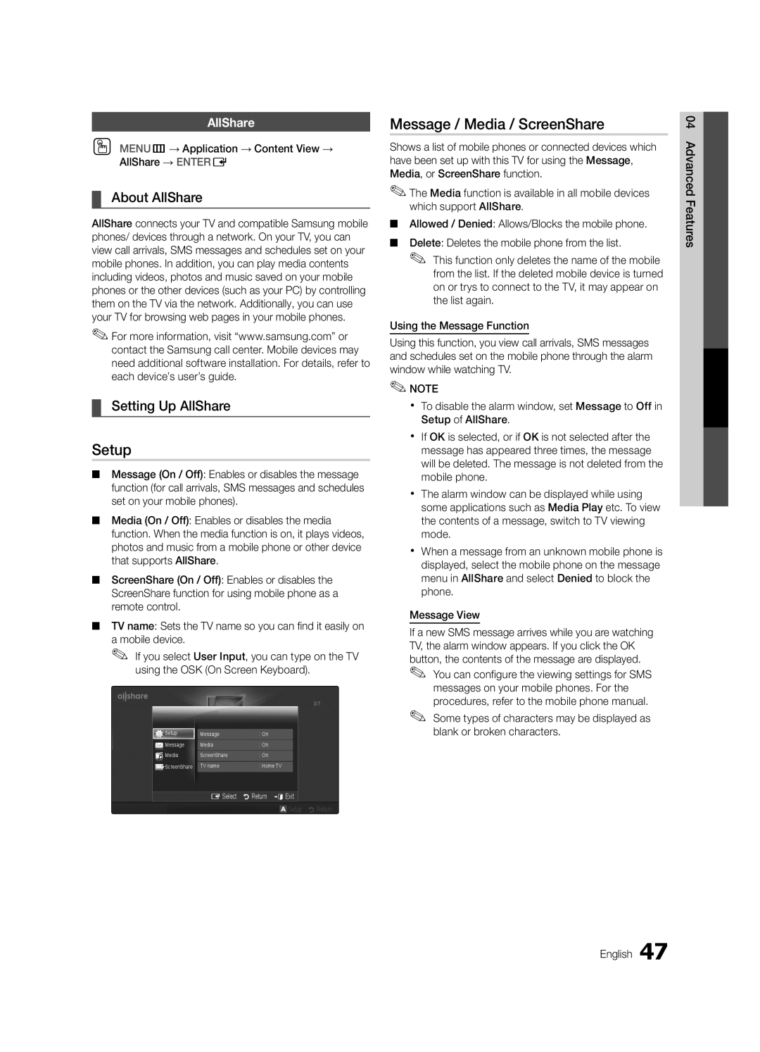 Samsung 6900 user manual Setup, Message / Media / ScreenShare, About AllShare, Setting Up AllShare 