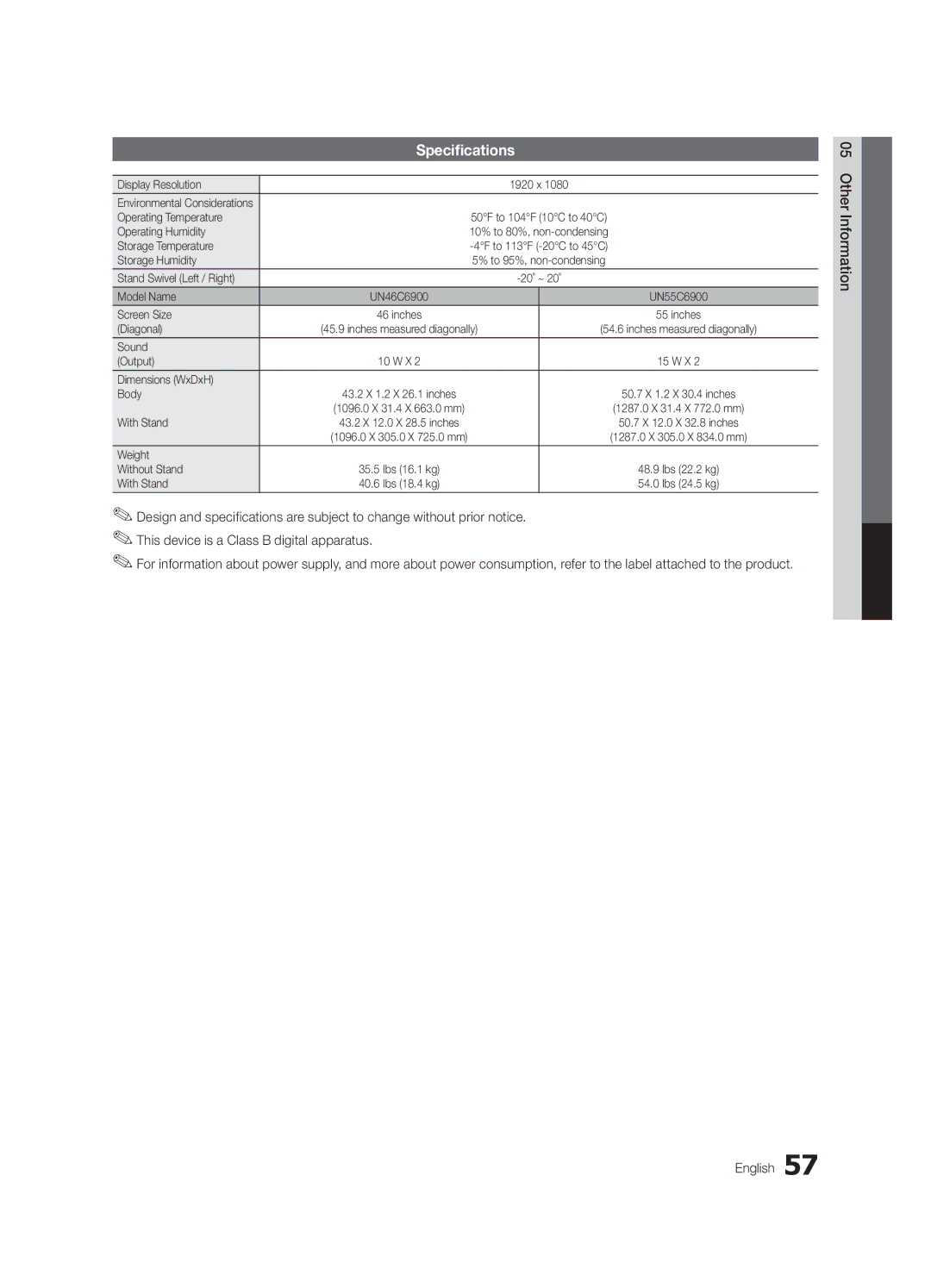 Samsung 6900 user manual Specifications 