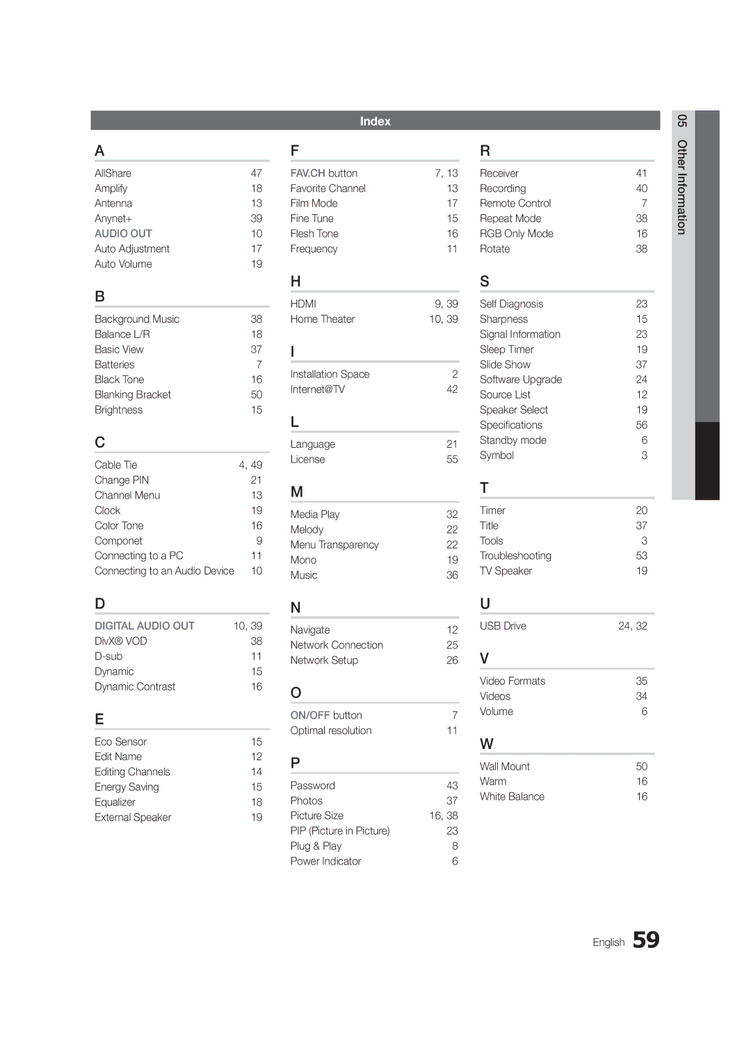 Samsung 6900 user manual Index, AllShare Amplify Antenna Anynet+, Favorite Channel Film Mode Fine Tune Flesh Tone Frequency 