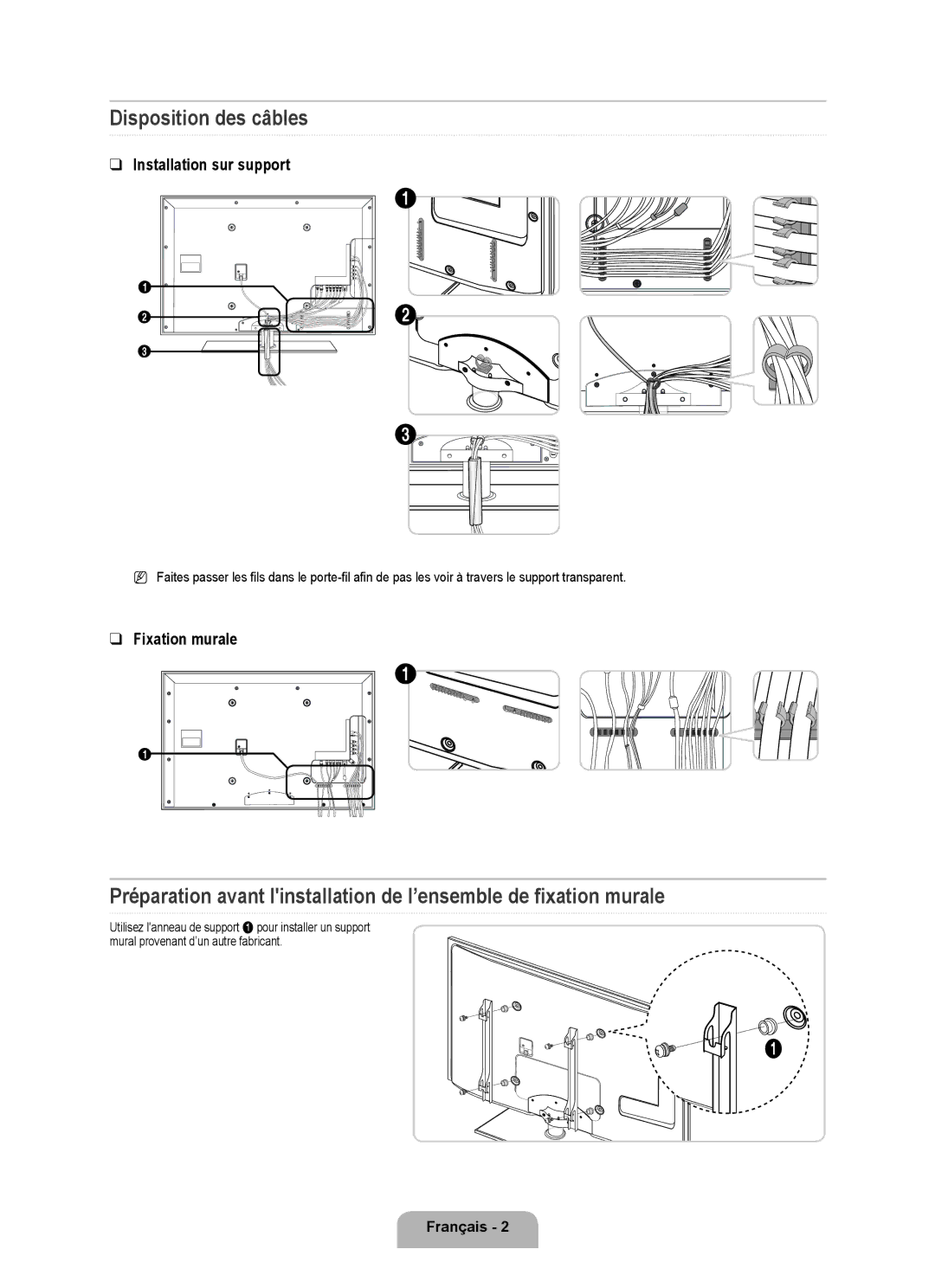 Samsung 7000 setup guide Disposition des câbles, Installation sur support, Fixation murale 