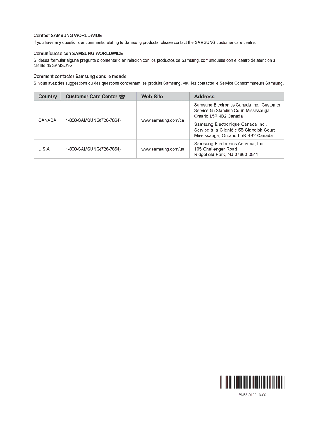 Samsung 7000 setup guide Contact Samsung Worldwide 