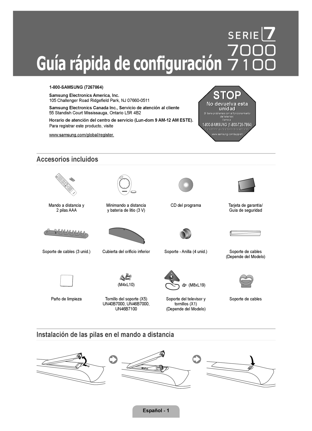 Samsung 7000 setup guide Accesorios incluidos, Instalación de las pilas en el mando a distancia 