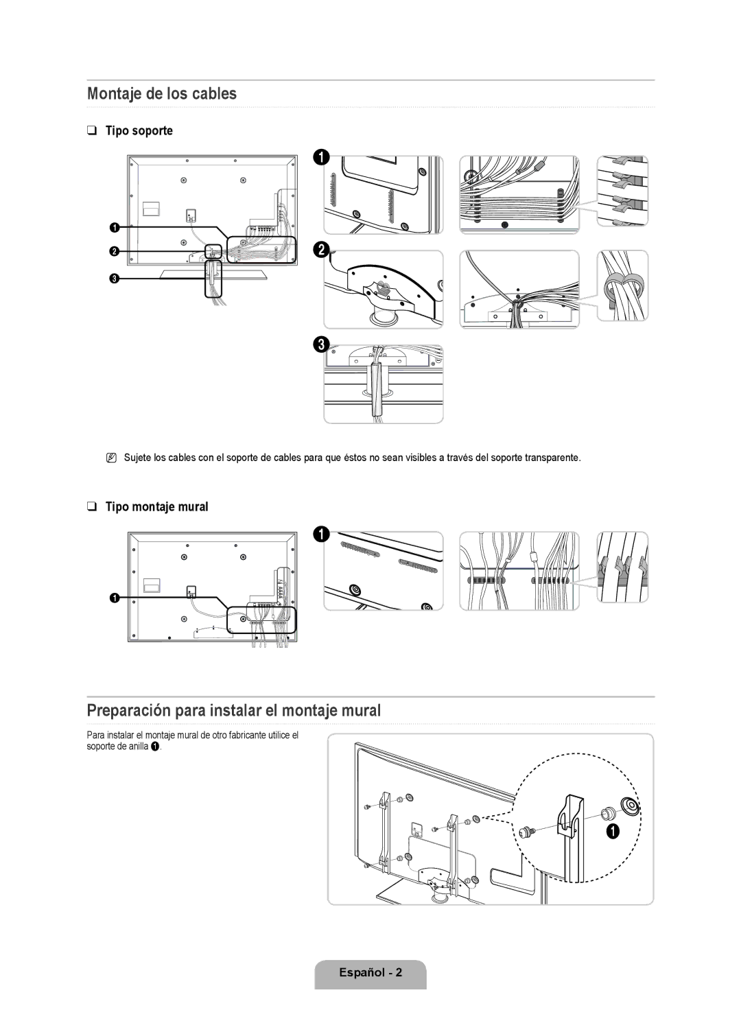 Samsung 7000 Montaje de los cables, Preparación para instalar el montaje mural, Tipo soporte, Tipo montaje mural 