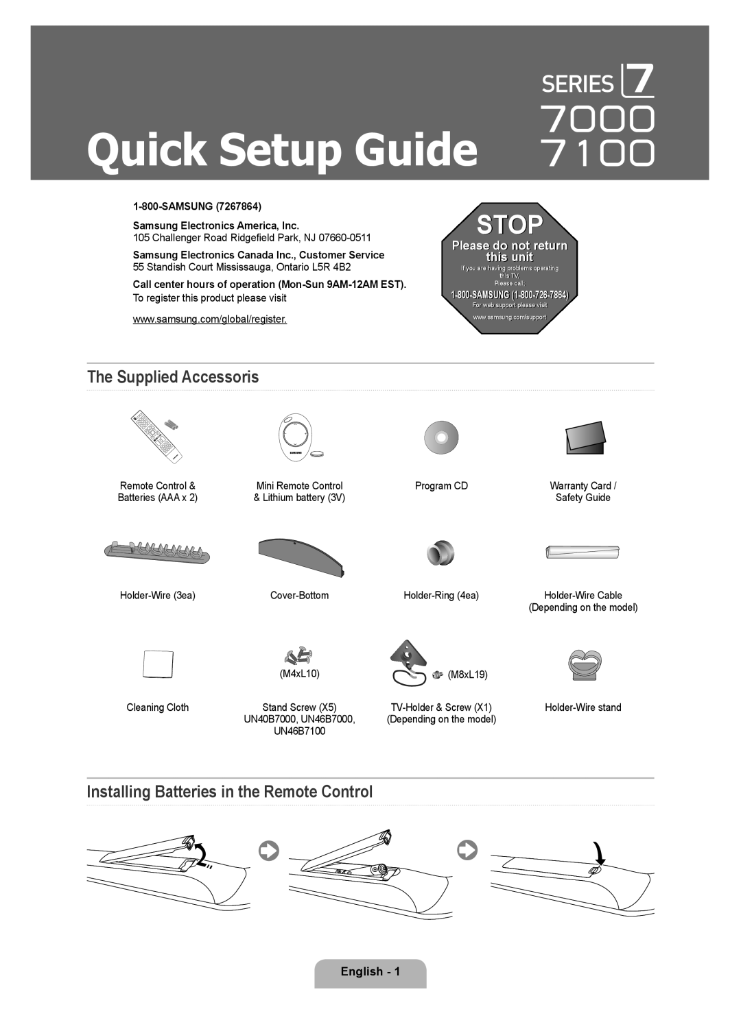 Samsung 7000 setup guide Stop, The Supplied Accessoris, Installing Batteries in the Remote Control, English, Samsung 