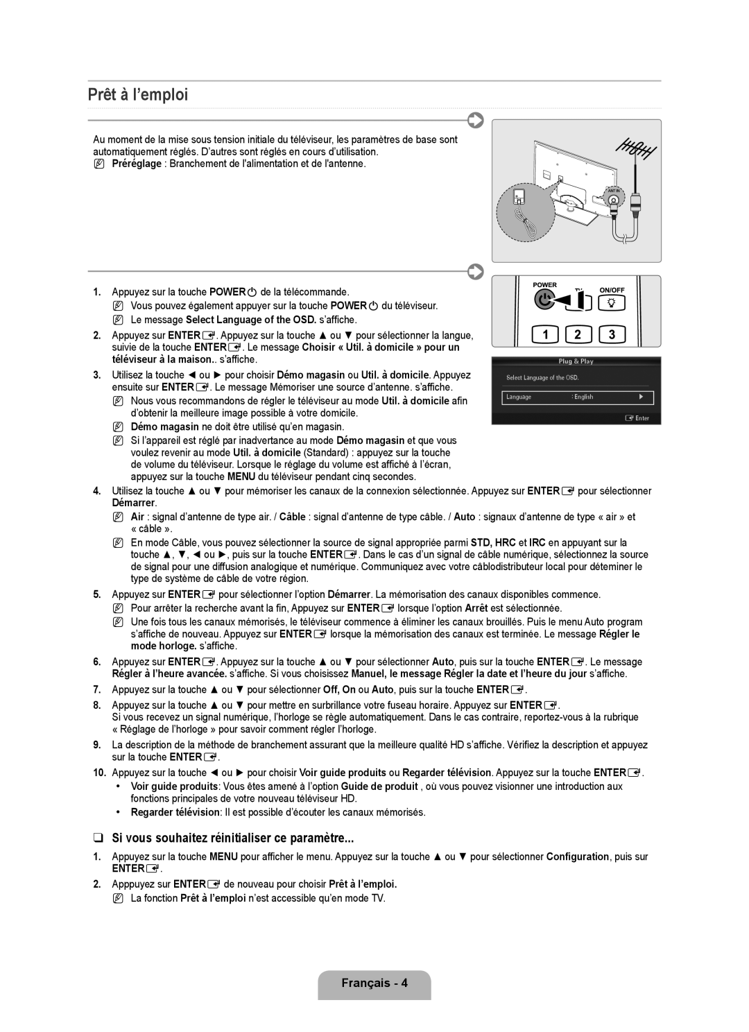 Samsung 7000 setup guide Prêt à I’emploi, Si vous souhaitez réinitialiser ce paramètre, Démarrer, Entere, Français 